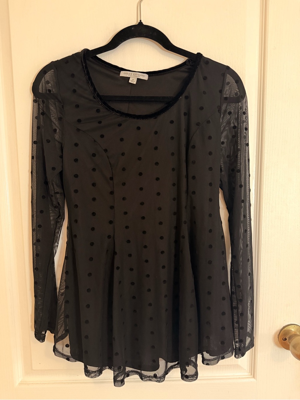 Green Envelope Black Sheer Polka Dot Long Sleeve Dress